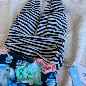 NWT black stripe and floral one-piece swimsuit